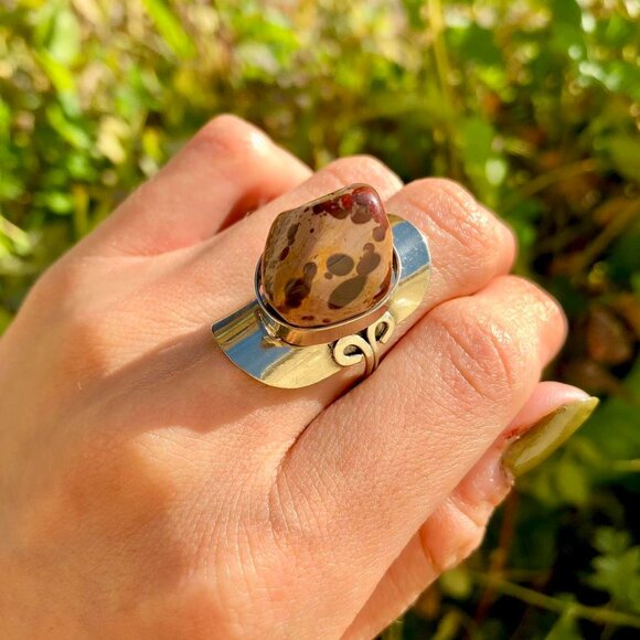 Boho Earthy Leopard Skin Jasper Chunky Crystal Ring - Picture 3 of 4